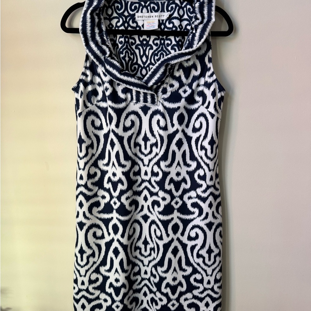 Gretchen Scott Blue White Geometric Tunic Dress L – Travel Chic